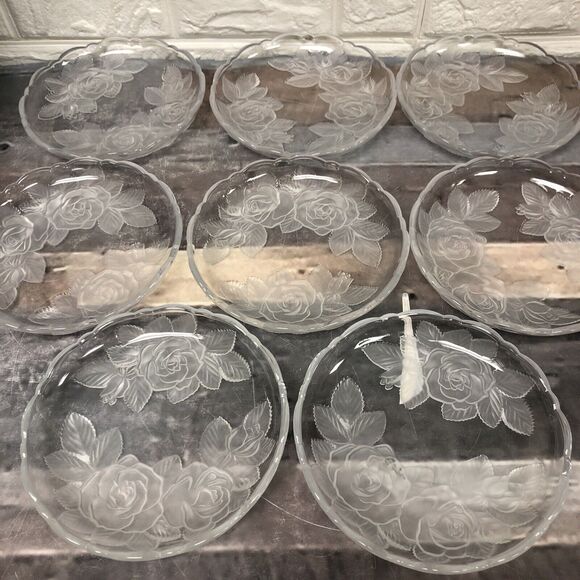 Vintage Set Of 8 Embossed Frosted Roses 7.25" Glass Plate Scalloped Rim EUC - Picture 1 of 3